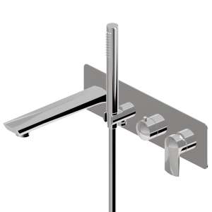 Bath group consisting of concealed single lever mixer with diverter, wall spout and shower set
