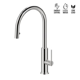 Single-lever sink mixer with round swivel spout and pull-out hand shower.